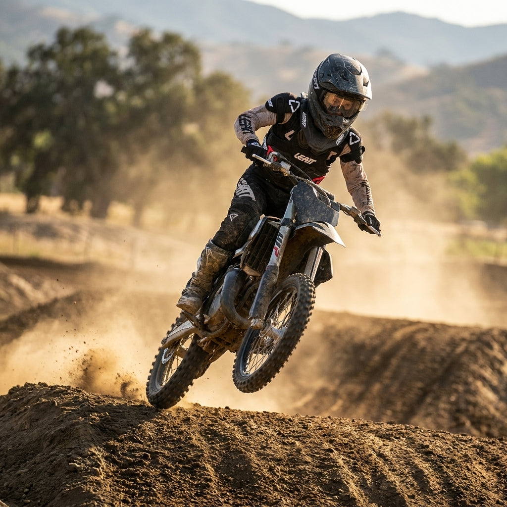 Leatt Fusion Vest 2.0 Junior schwarz S/M an Motocross-Fahrer beim Sprung auf Dirtbike.