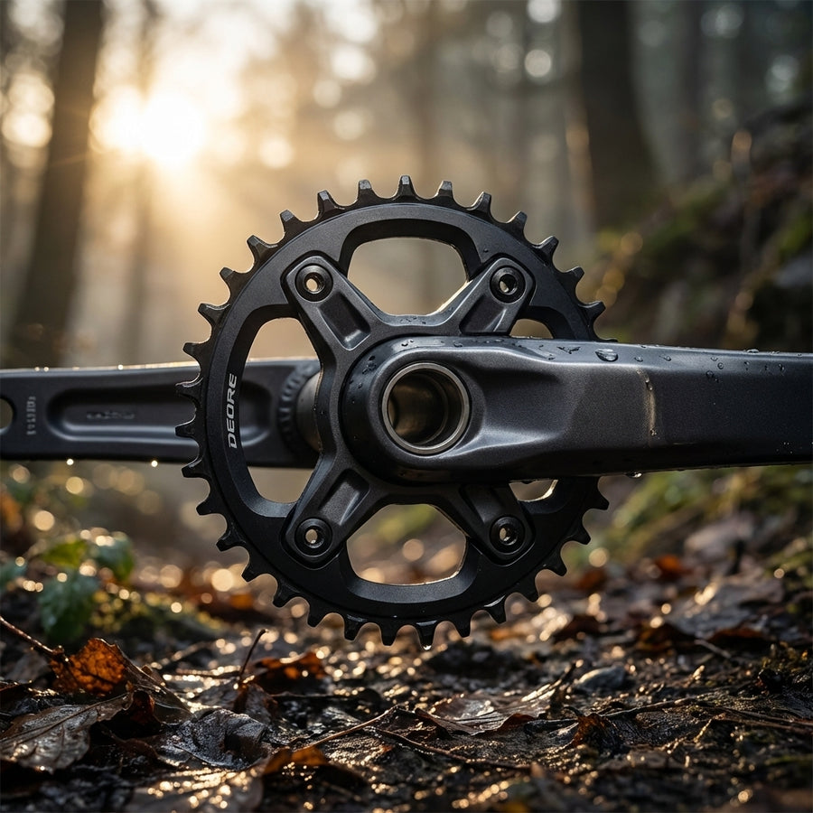 SHIMANO DEORE Kettenblatt FC-M590/591 für präzisen MTB-Antrieb, im nassen Wald mit Sonnenstrahlen.