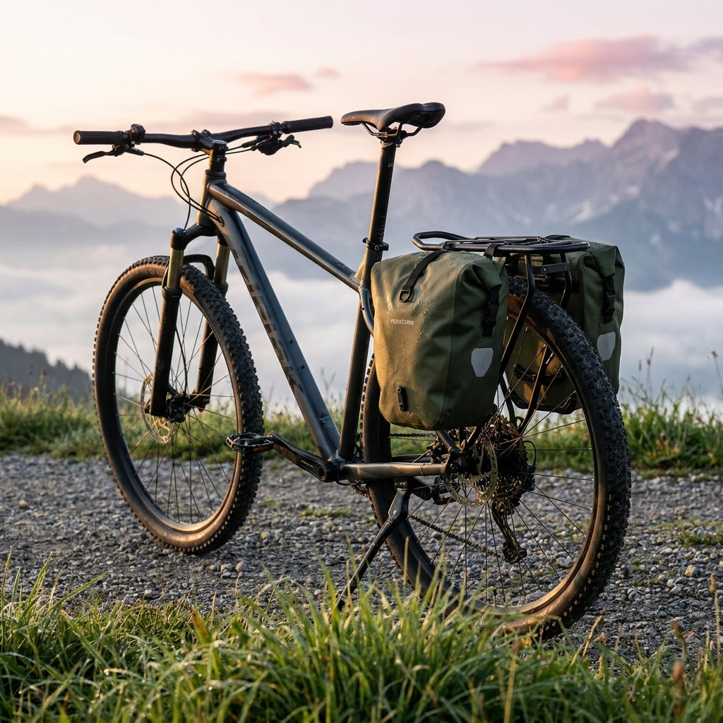 racktime Gepäckträger Basic 2.0 29 Boost am Fahrrad mit grünen Packtaschen vor Bergpanorama bei Sonnenaufgang.