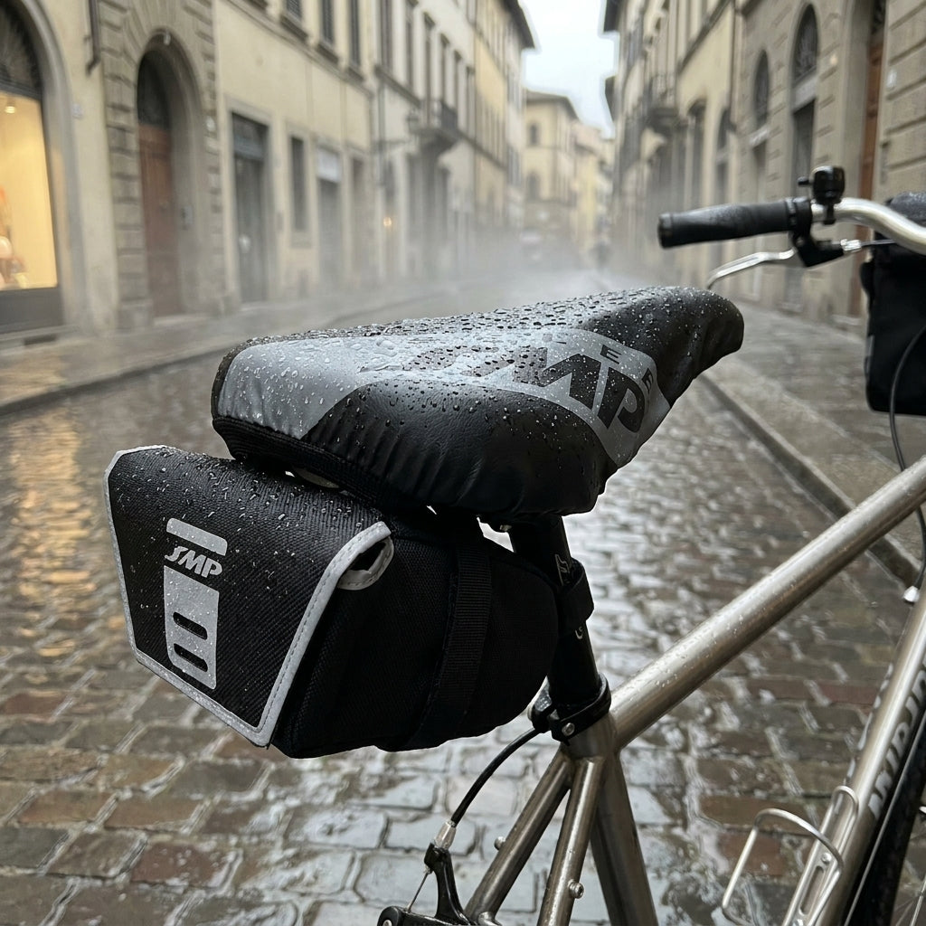 Selle SMP Sattel Regenüberzug Martin Touring Medium schwarz auf Fahrradsattel mit Regentropfen auf nasser Straße.