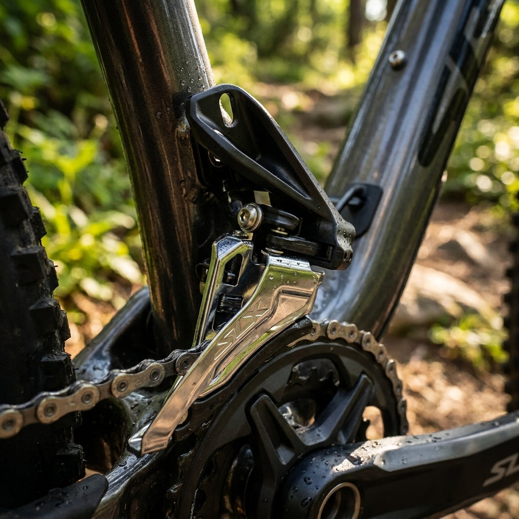 SHIMANO SLX FD-M7100 2-fach Umwerfer Direct Mount High am MTB für präzise Front-Schaltperformance.