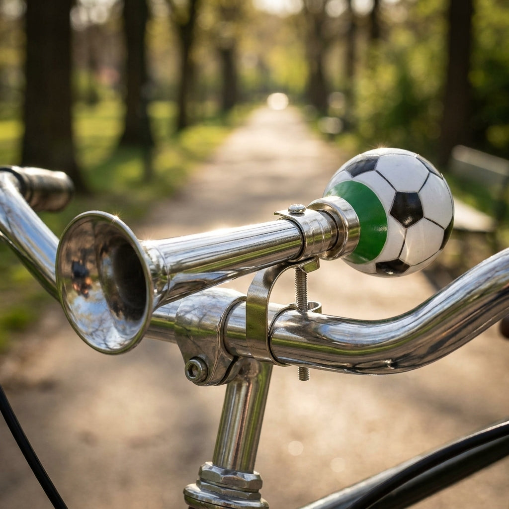 Silberne Ballhupe (Stahl/Kunststoff, 22,2 mm) mit Fußball-Design am Fahrradlenker.