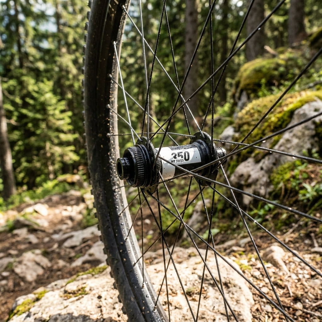 DT Swiss 350 Classic MTB Vorderradnabe schwarz am Mountainbike. Robuste Centerlock Nabe für Trails und All-Mountain.