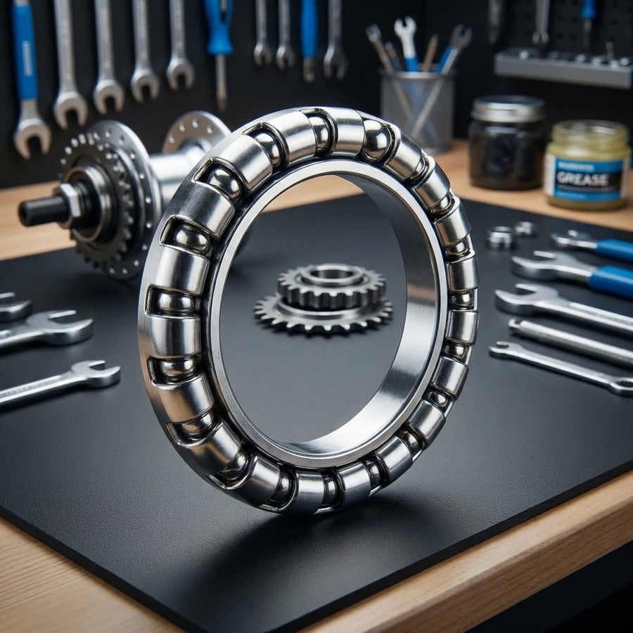 SHIMANO Kugelring P SG-8R20 3/16"x13 für Fahrräder, auf Werkbank mit Nabe und Werkzeugen.