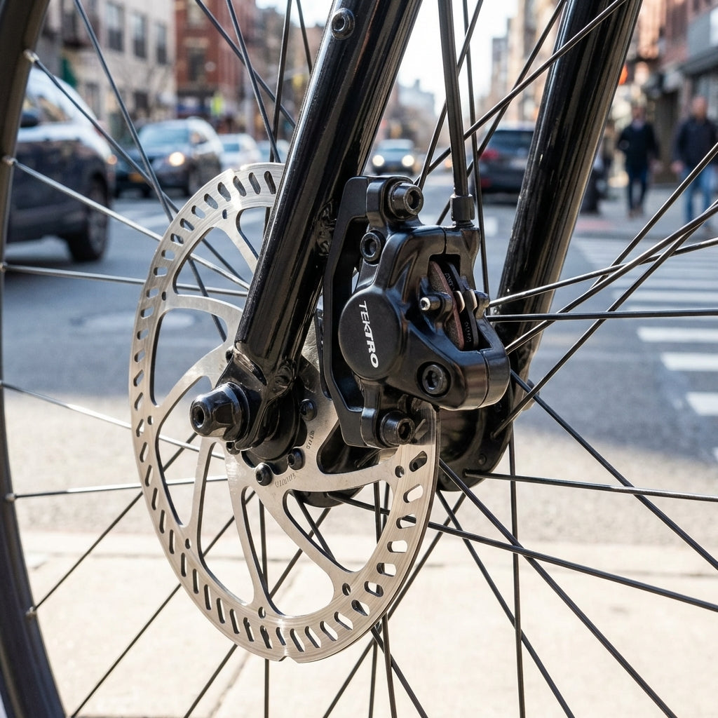 Schwarze TEKTRO Scheibenbremse mit Belägen am Fahrrad-Vorderrad, kompatibel mit Volans.