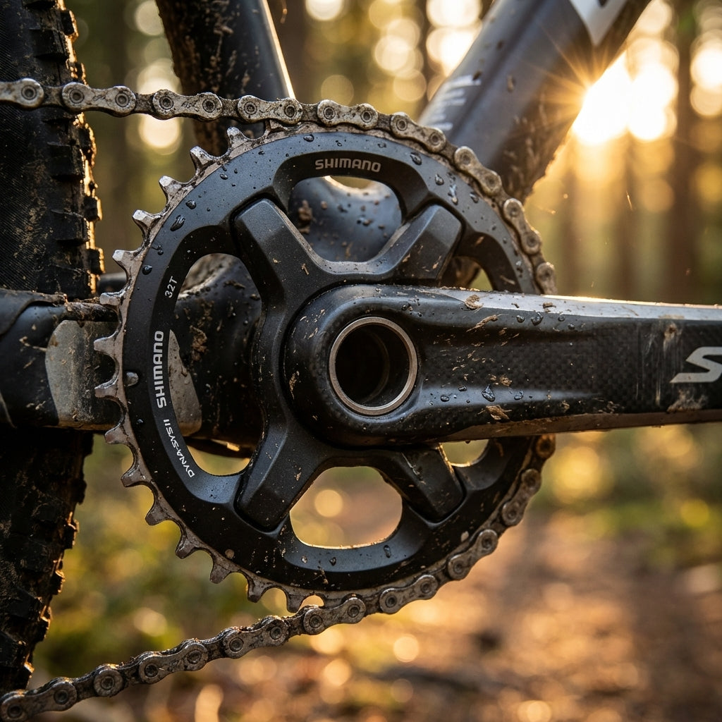SHIMANO SLX Kettenblatt 34 Zähne am schmutzigen MTB, nass im Wald. Präziser 11-fach Antrieb für Mountainbikes.