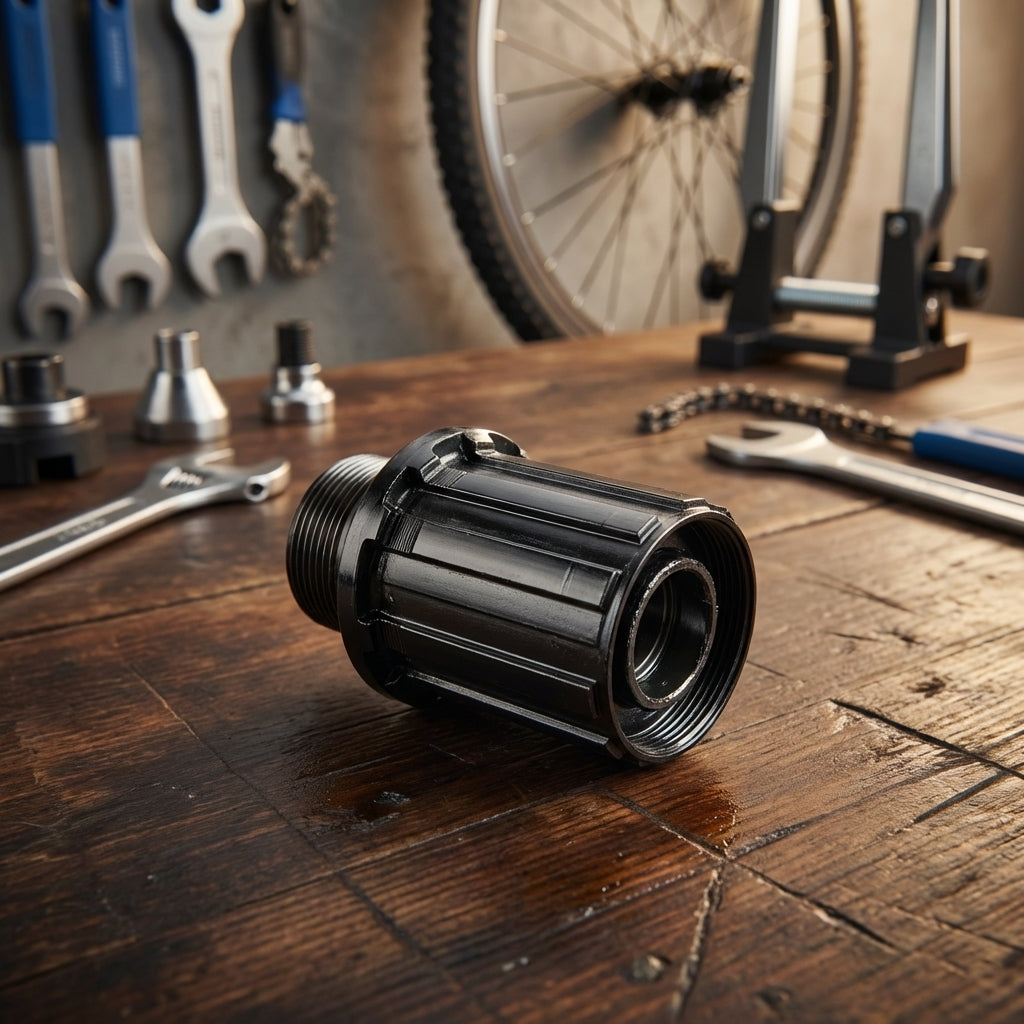 Schwarzer SHIMANO Freilaufkörper FH-TX505 für Fahrradnaben auf einer Werkbank in einer Fahrradwerkstatt.
