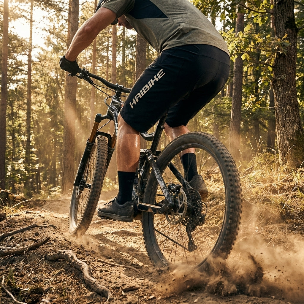 Mountainbiker in schwarzer Haibike Freeride Short Kampenwand by Maloja fährt auf Waldweg und wirbelt Staub auf.