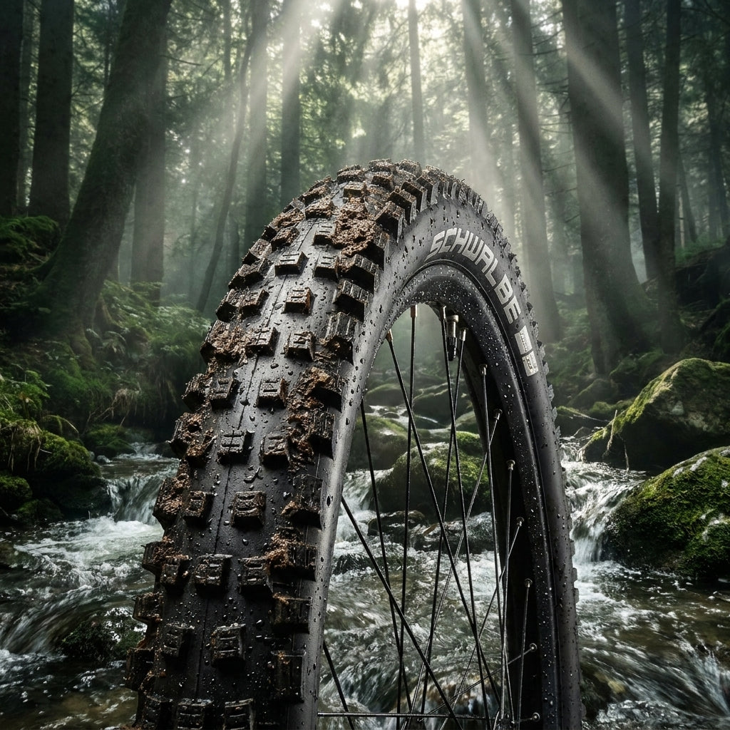 Schwalbe Nobby Nic MTB Reifen 27.5" schwarz, schlammig im Wald am Bach mit Sonnenstrahlen.