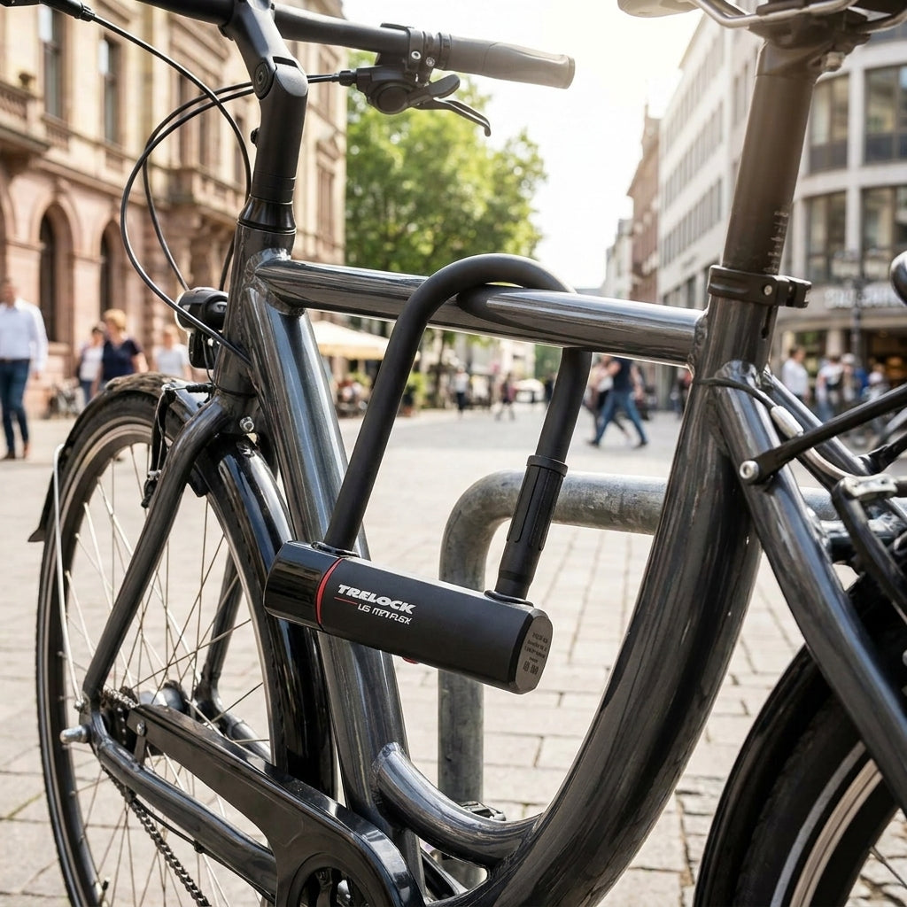 Trelock Bügelschloss U5 Mini Flex schwarz mit Halter am Fahrradrahmen. Kompaktes, sicheres Fahrradschloss für urbanen Schutz.