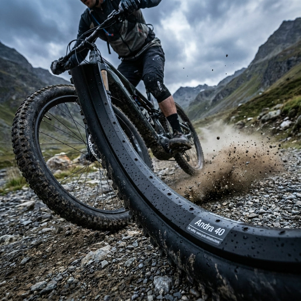 Schwarze Ryde ANDRA 40 Disc Felge am Mountainbike in dynamischer Fahrt auf Geröllweg.