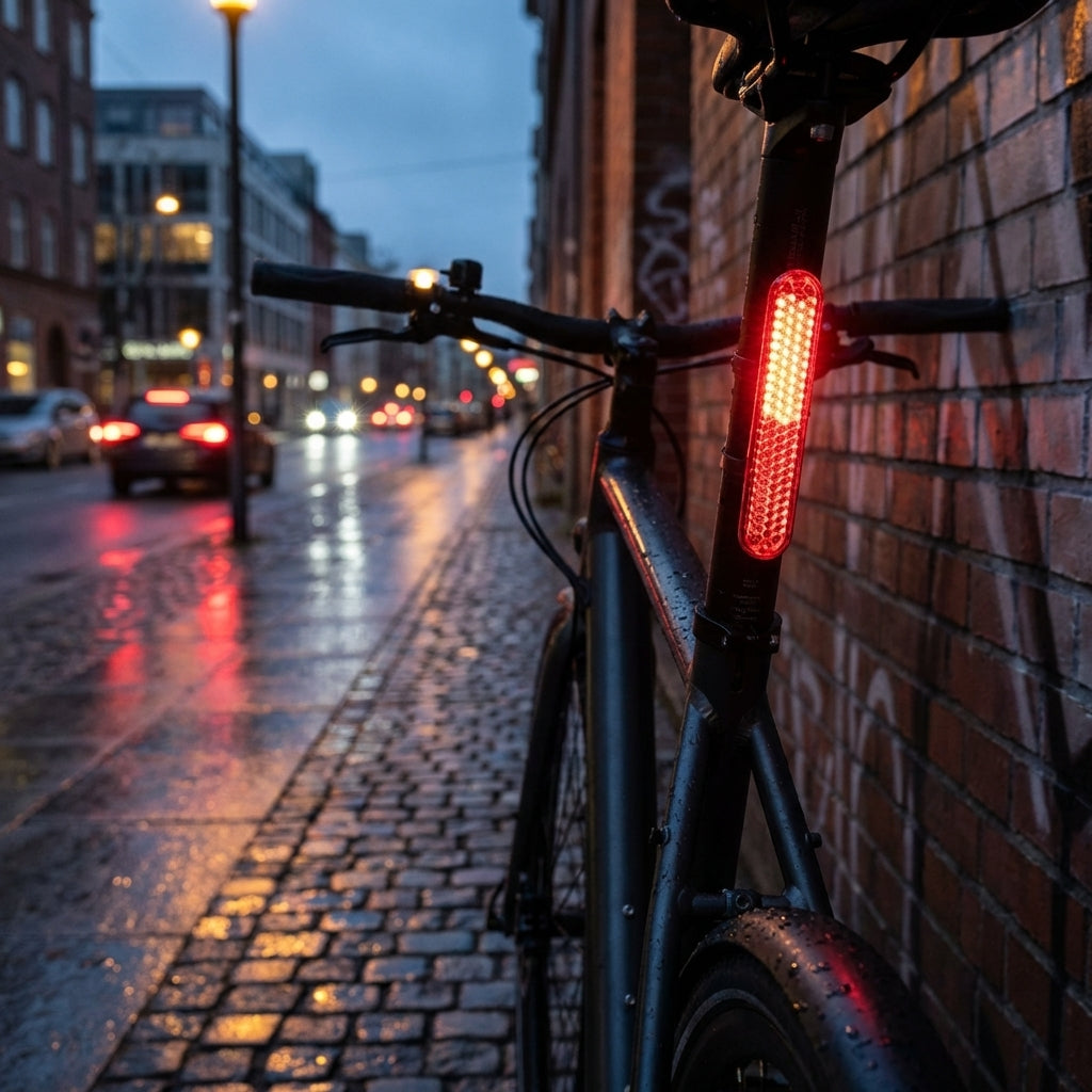 Busch&Müller Rückstrahler ROT selbstklebend StVZO am Fahrrad, leuchtend auf nasser Straße bei Nacht in der Stadt.