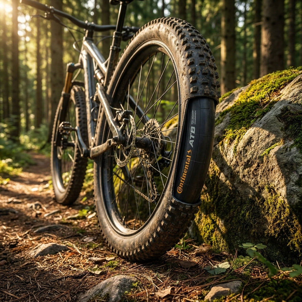 Continental ATB Schlauch A40 AV im Mountainbike-Reifen auf sonnigem Waldweg.