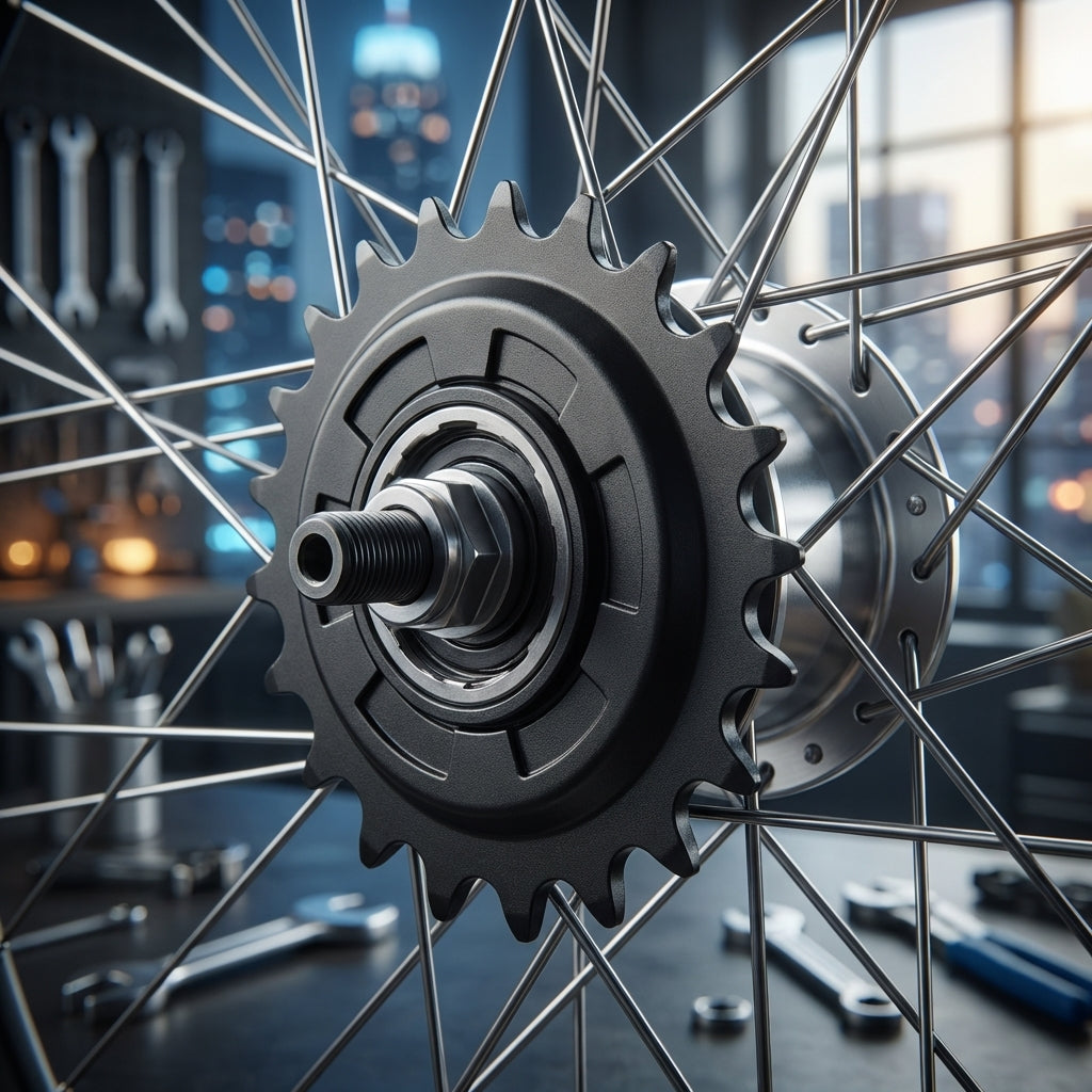 SHIMANO Nexus 20Z schwarzes Ritzel auf Fahrradnabe, robustes Antriebsritzel für Nabenschaltungen.