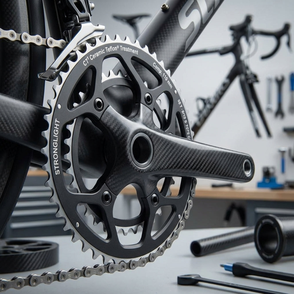 Stronglight CT2 schwarzes Rennrad Kettenblatt (38Z) mit CT² Ceramic Teflon Treatment an Carbon Kurbel.