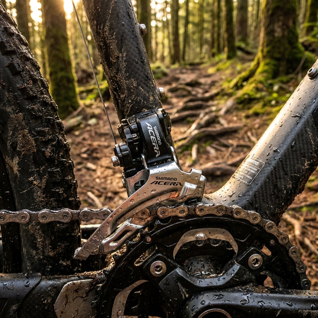SHIMANO ACERA FD-M3000 3-fach MTB Umwerfer an schlammigem Mountainbike im Wald.