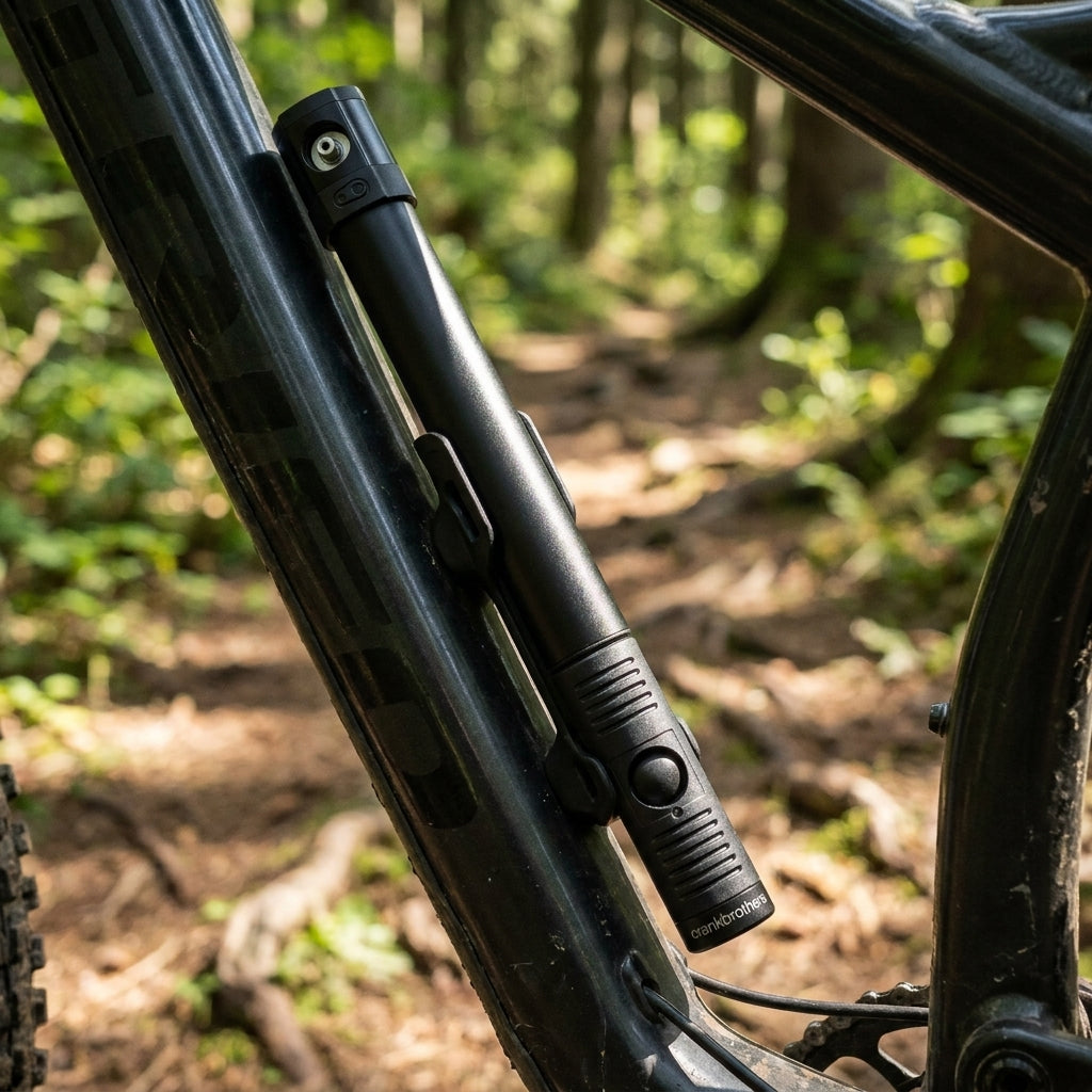 Crankbrothers Klic HV Handpumpe schwarz mit analogem Manometer und Rahmenhalter am Fahrradrahmen montiert.
