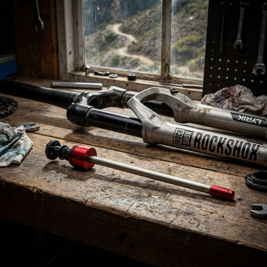 RockShox DebonAir Luftfeder Upgrade Kit für Lyrik/Yari Gabeln auf Werkbank mit Trail-Blick.