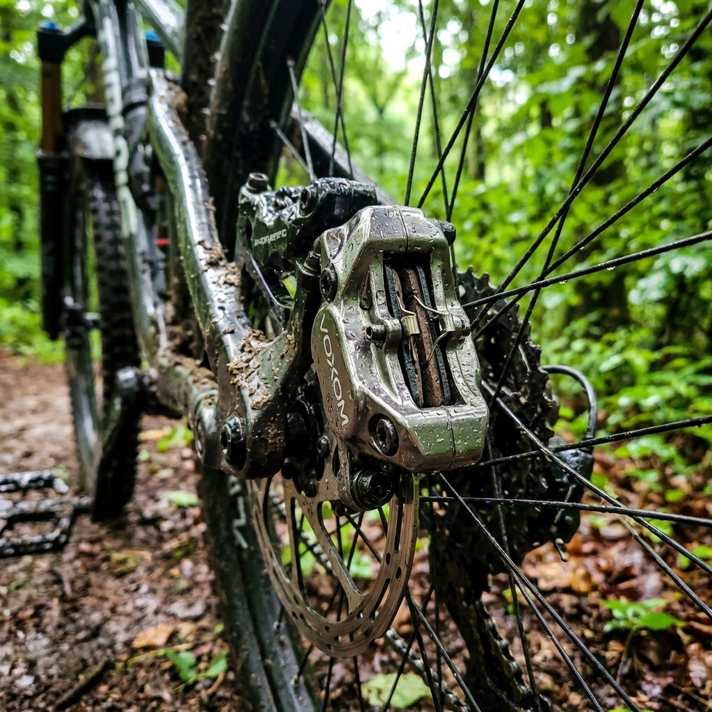 Nasse Voxom Scheibenbremsbeläge am schlammigen Mountainbike Hinterrad mit Bremssattel.
