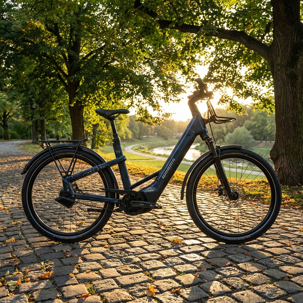 Winora Yakun ENV ABS Low SUV E-Bike 27,5 Zoll Bosch CX 800Wh Enviolo Automatiq cavalry-denim auf Kopfsteinpflaster im Sonnenl
