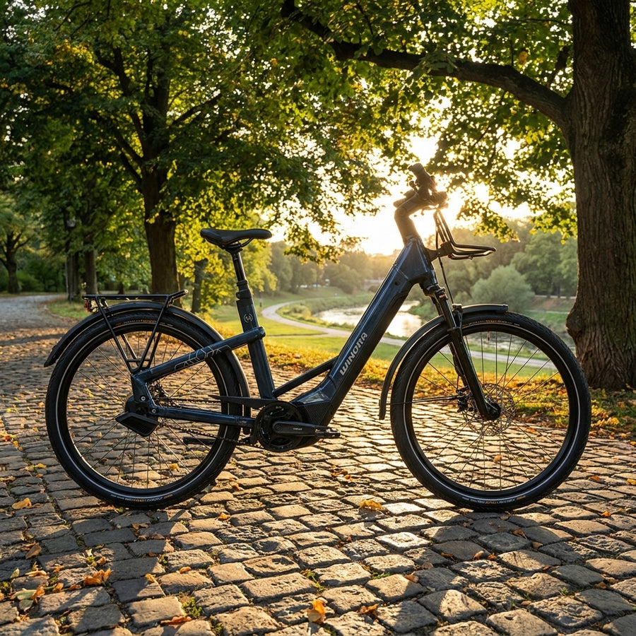 Winora Yakun ENV ABS Low SUV E-Bike 27,5 Zoll Bosch CX 800Wh Enviolo Automatiq cavalry-denim auf Kopfsteinpflaster im Sonnenl