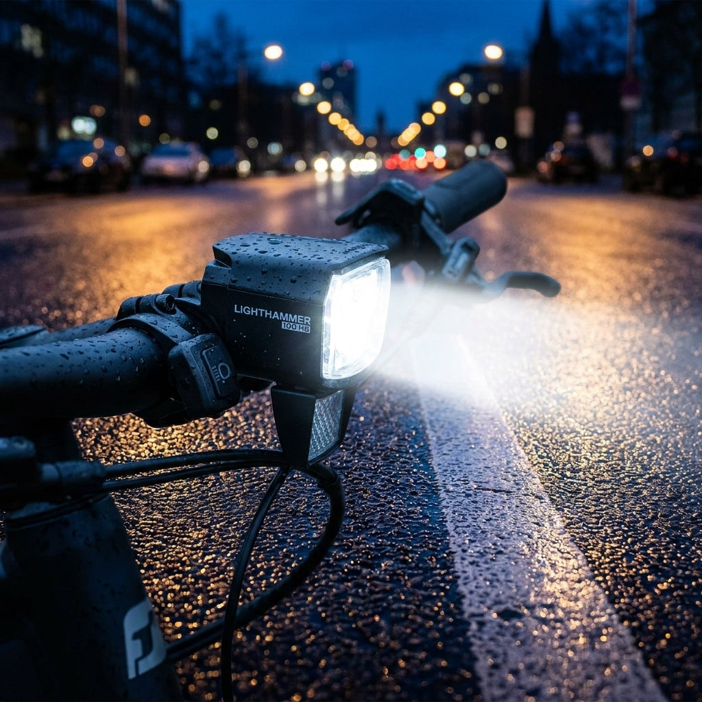 Starkes TRELOCK Lighthammer 890 E-Bike-Frontlicht (130 Lux) hellt nasse Stadtstraße für sichere Fahrt auf.