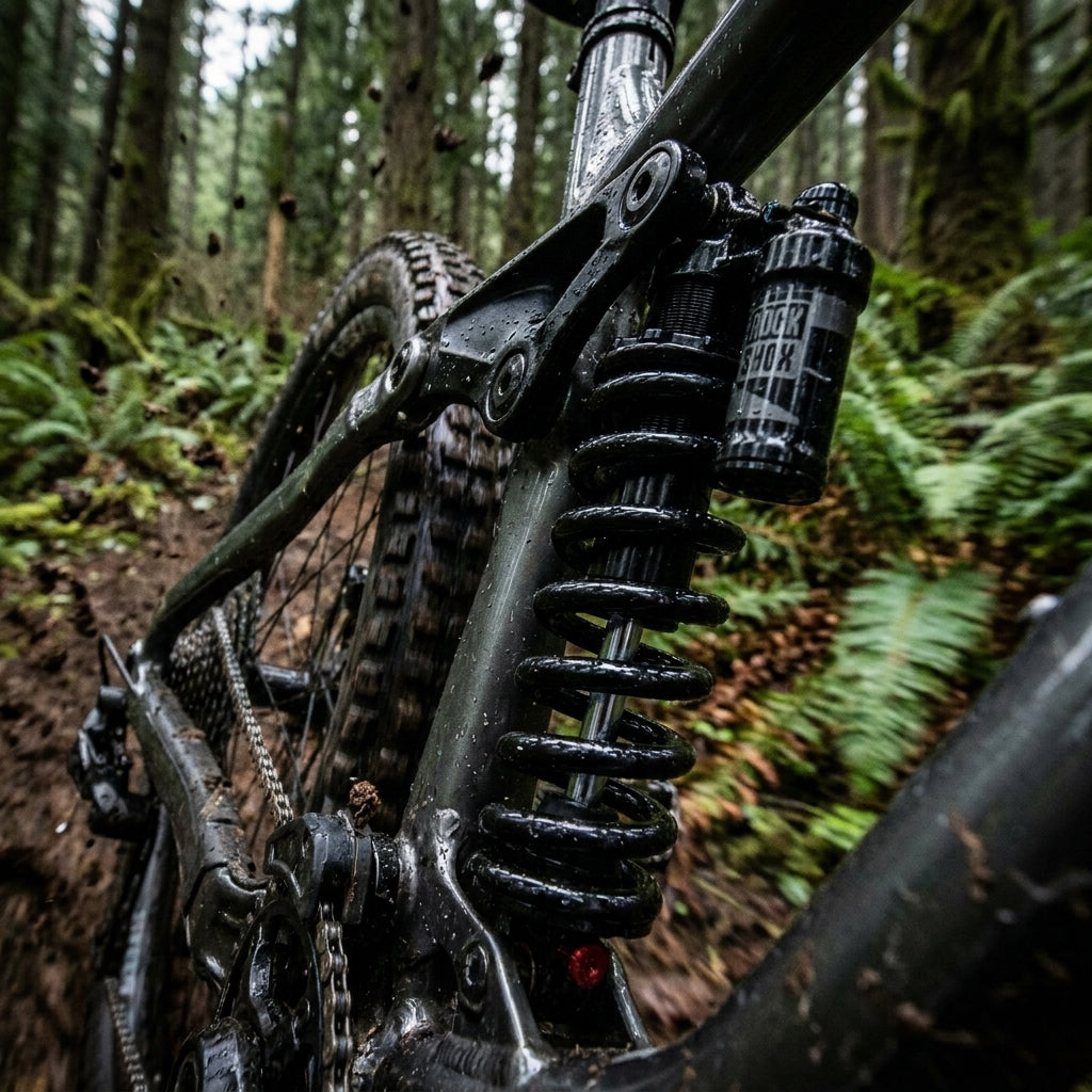 Rockshox Feder für Hinterraddämpfer am Mountainbike auf matschigem Waldweg. Vivid/Kage 500LB.