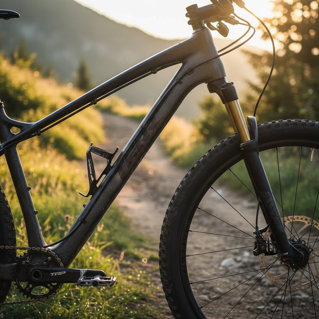 TRP Bremsleitungskit für hydraulische Scheibenbremsen am Mountainbike auf sonnigem Waldweg.