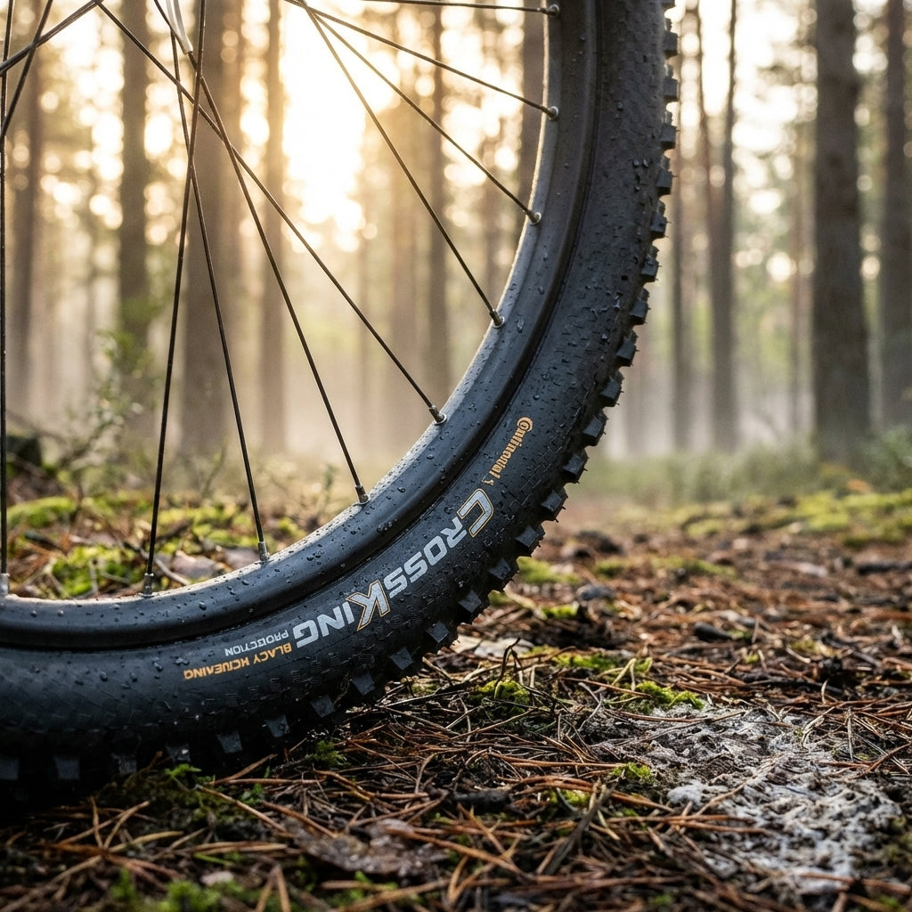 Continental Cross King 26x2.20 Zoll 55-559 MTB-Reifen schwarz E-25 Draht auf einem Waldweg im Sonnenlicht.