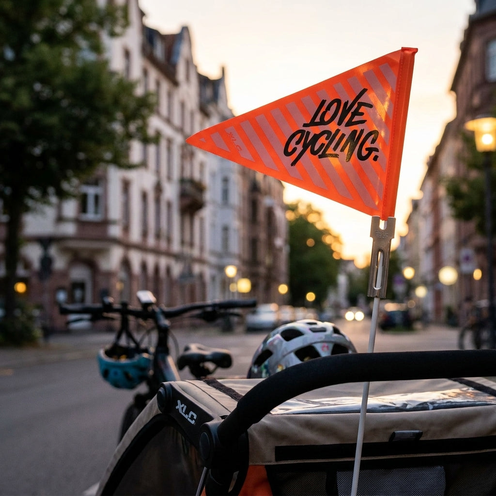 XLC Sicherheitswimpel SF-C01 orange/schwarz Love-cycling am Fahrradtrailer in Stadt bei Sonnenuntergang.