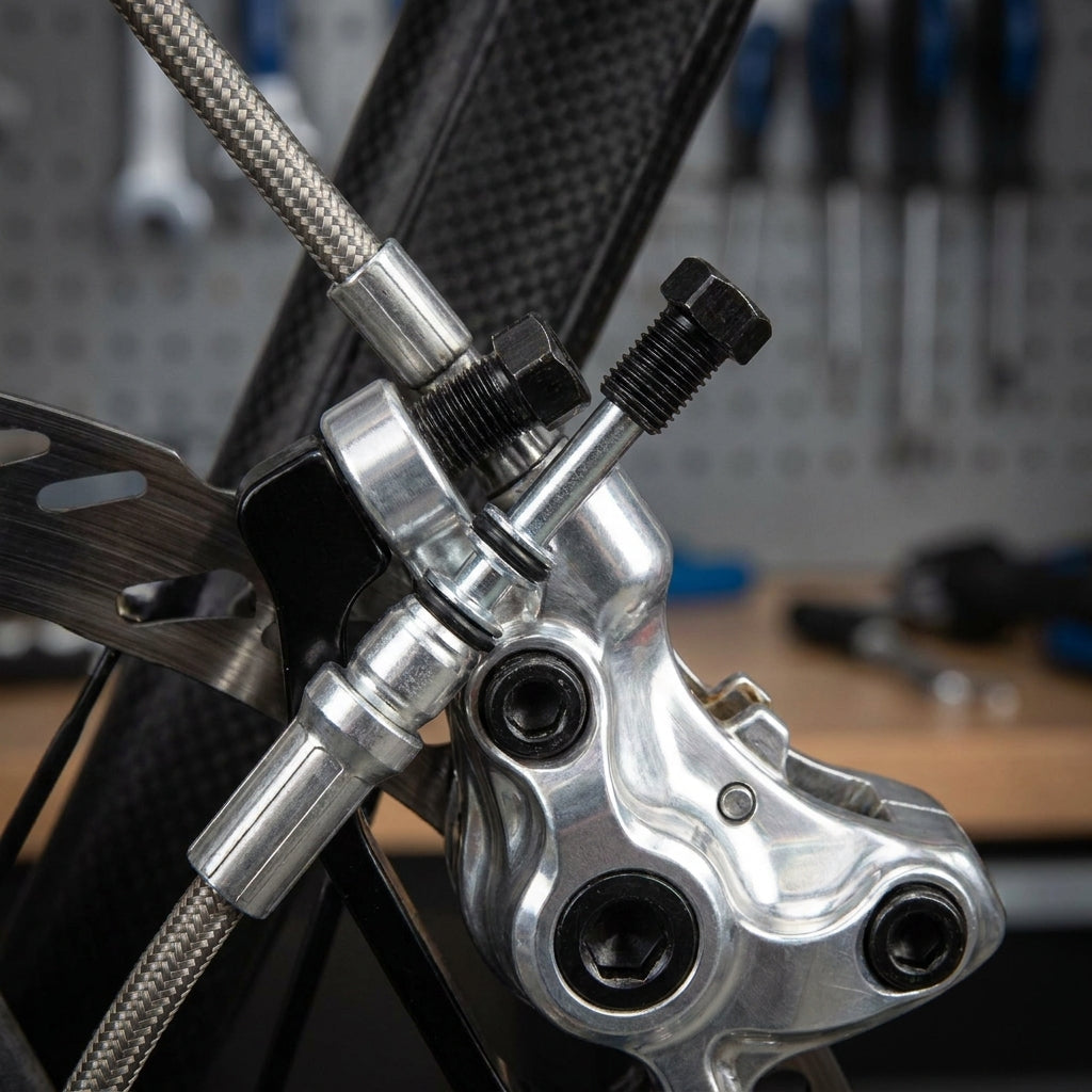 XLC Anschlusskit für Formula Scheibenbremsleitung an Fahrrad-Scheibenbremse montiert, Nahaufnahme.