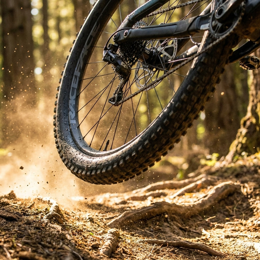 Race Face Aeffect R robustes Enduro-Hinterrad 29" SRAM XD in Aktion, staubaufwirbelnd auf Wald-Trail.
