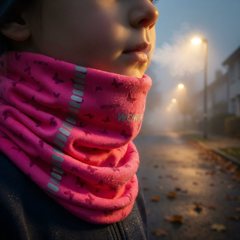 Wowow Halstuch Nutty Neckwarmer für Kinder pink, Reflektorstreifen, Schmetterlinge, im Nebel.