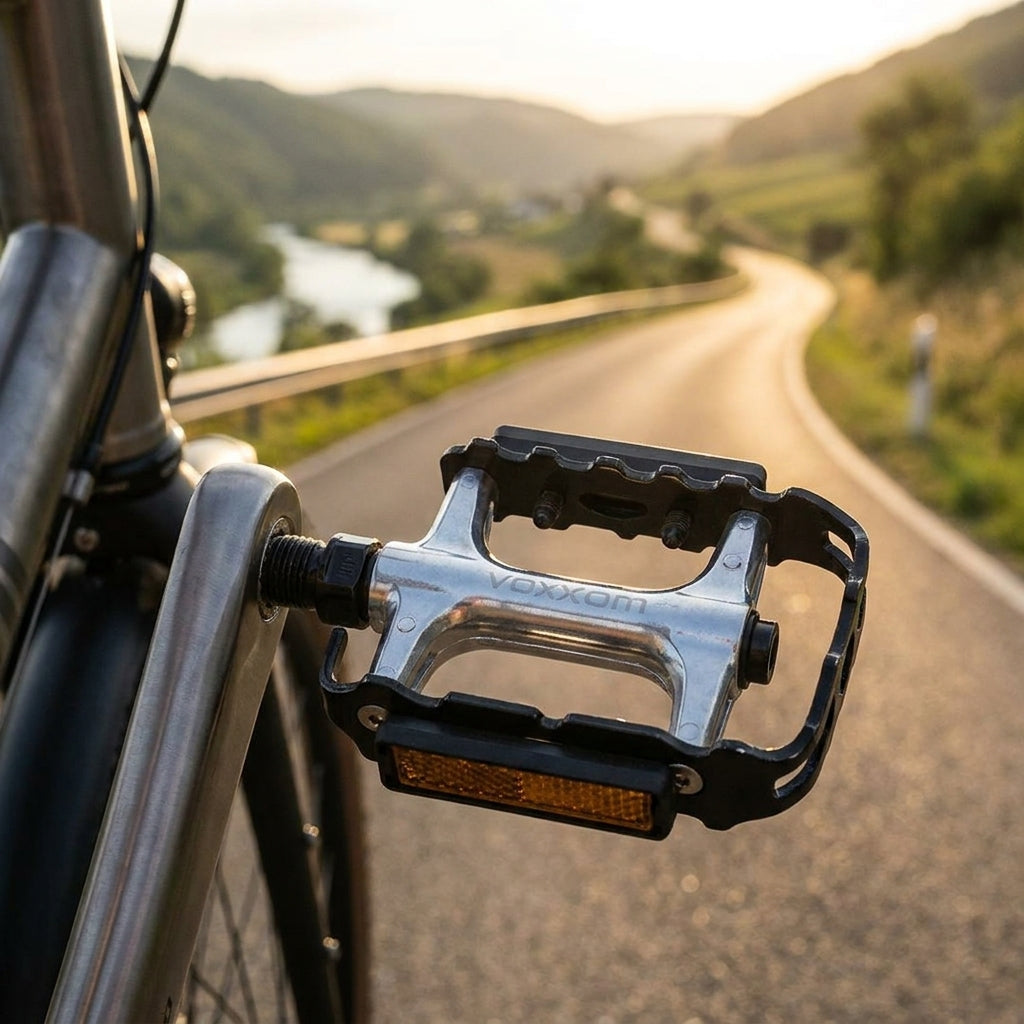 Voxom Pedal Touring Pe6 schwarz am Fahrrad auf einer sonnigen Landstraße mit Fluss und Bergen.