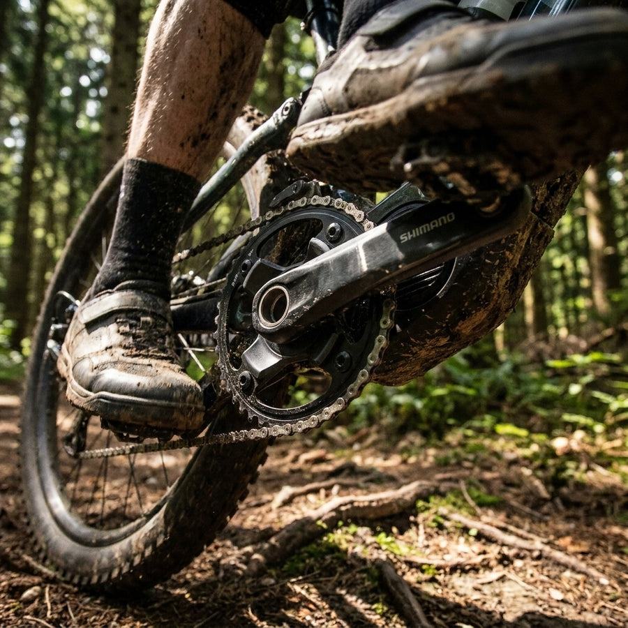 Schlammiges SHIMANO SM-CRE70-B 34Z Kettenblatt an einem E-Bike auf Waldweg. Perfekt für E-MTB und Trekking.