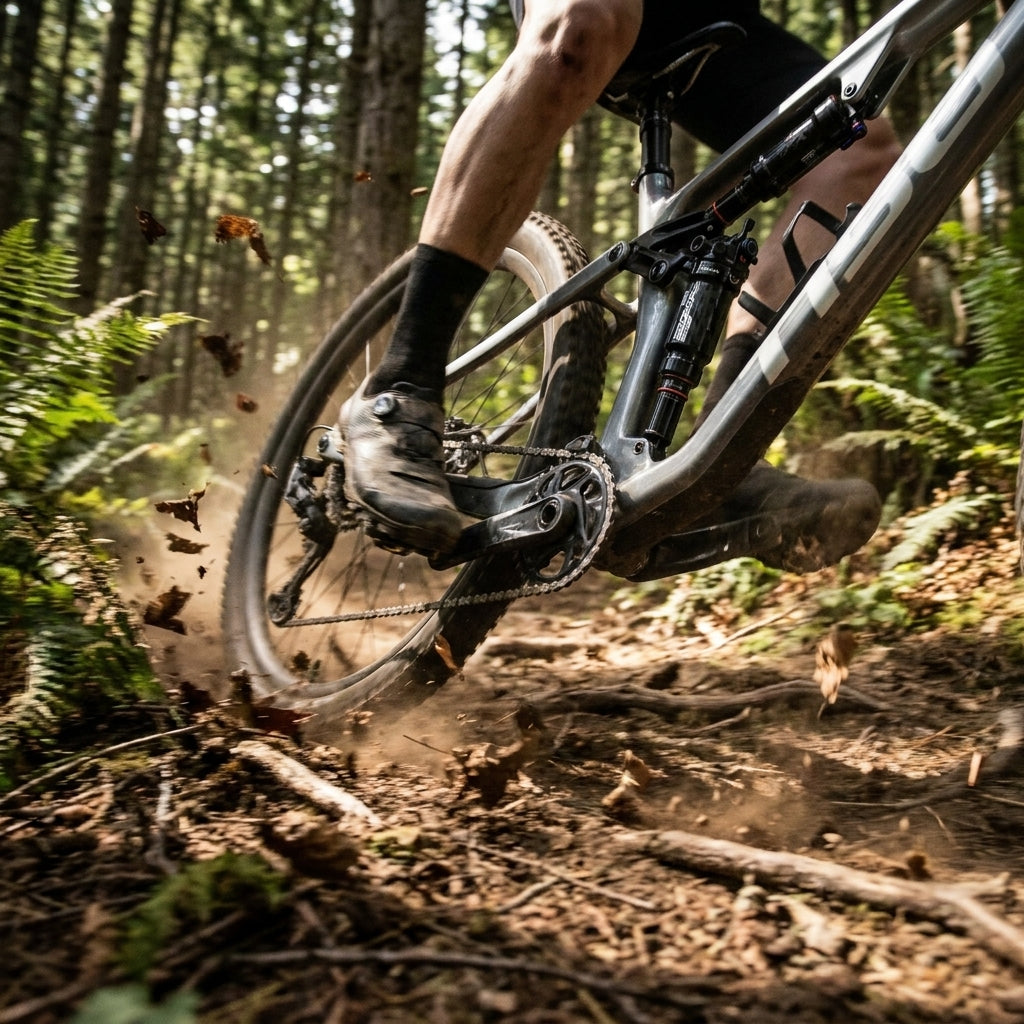 Rockshox SIDLuxe Ultimate Dämpfer am Mountainbike in Aktion auf einem Wald-Trail, Dreck spritzt.