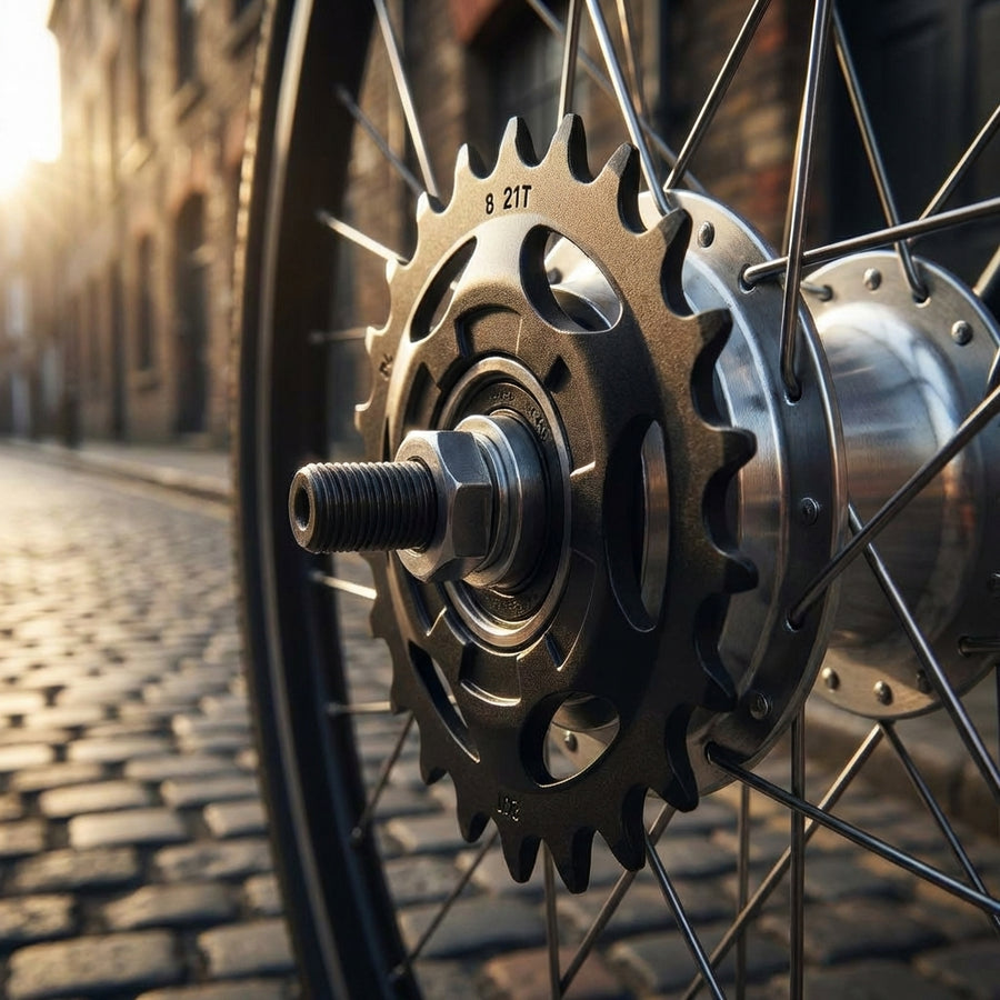 Schwarzes SHIMANO NEXUS Ritzel 21Z für Nabenschaltungen, montiert an einem Fahrradhinterrad.
