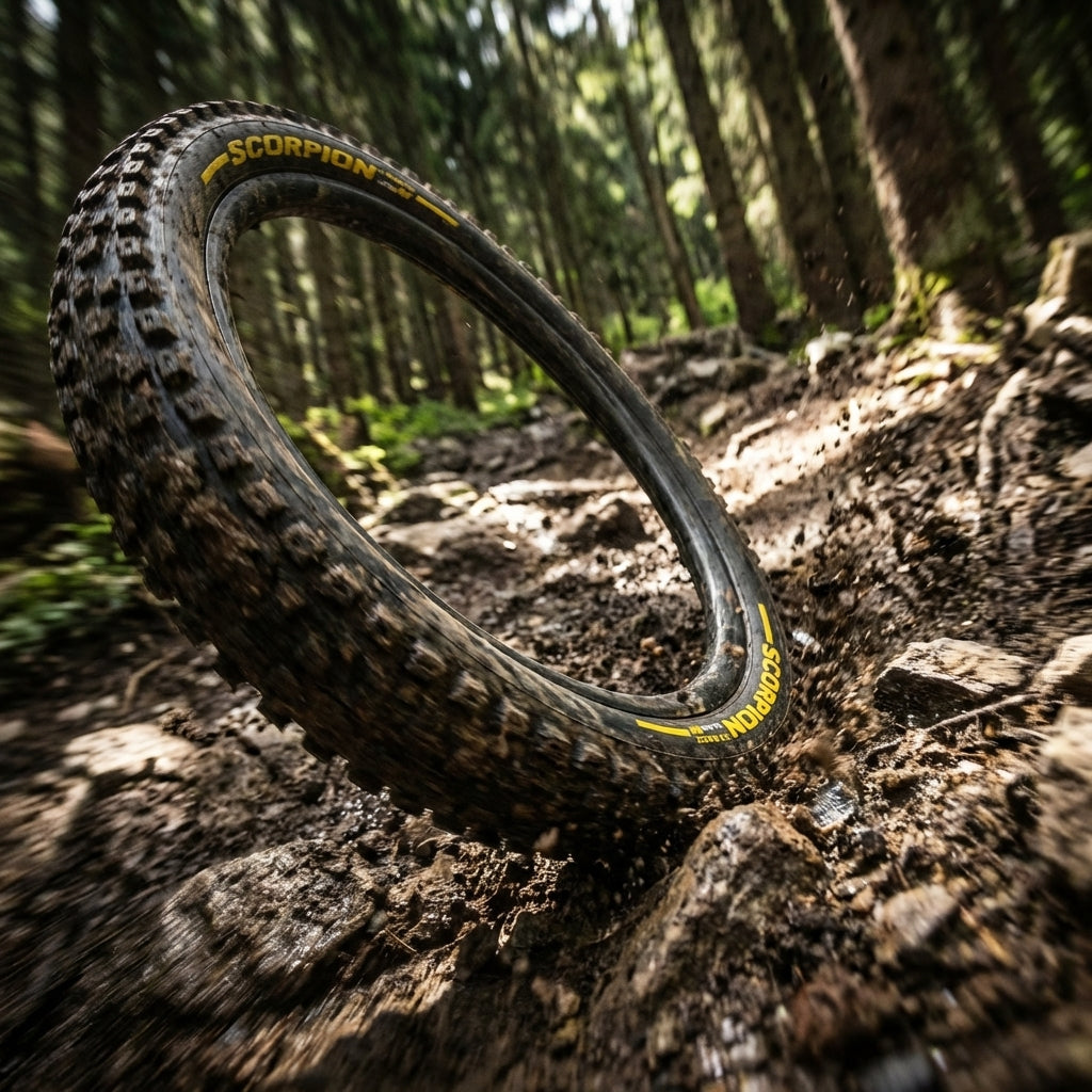 Pirelli Scorpion Race DH M MTB-Reifen in voller Fahrt auf steinigem Waldtrail für maximalen Grip.