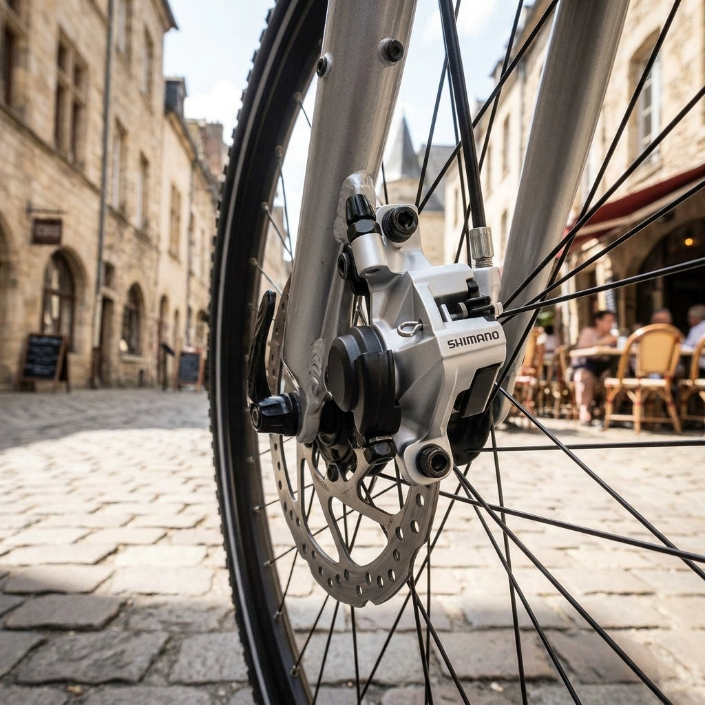 SHIMANO BR-M375 mechanischer Scheibenbremssattel am Fahrrad-Vorderrad auf historischer Kopfsteinpflasterstraße.
