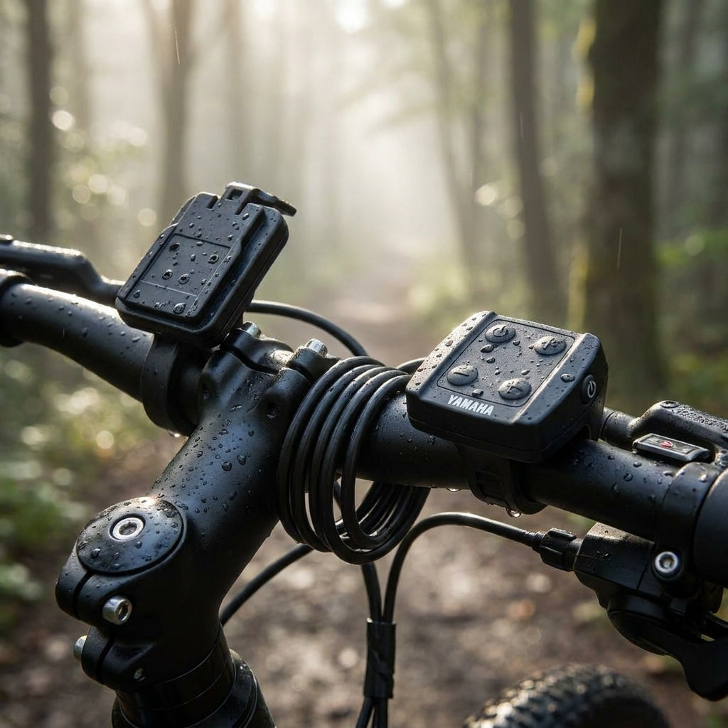 Yamaha E-Bike Display Halter und Bedienelement für MY 2016 Display, nass auf Lenker im Wald.
