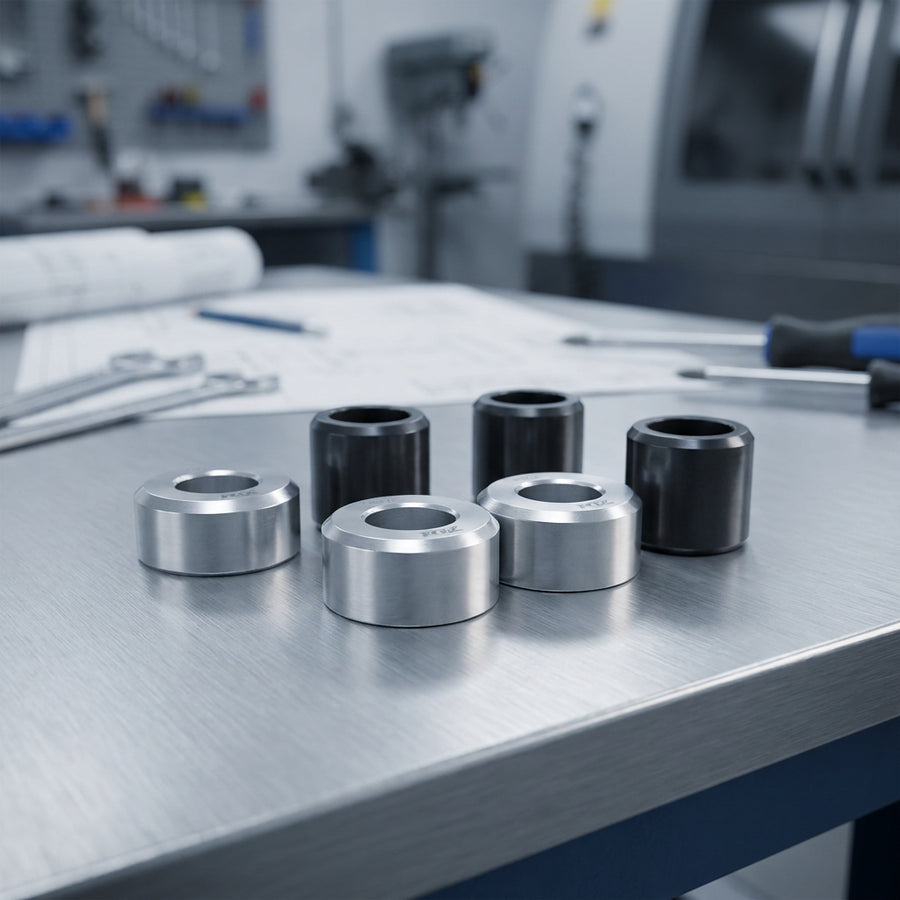FOX Dämpferbefestigung Kit, 4-teilig, DU Aluminium, 8mm. Präzise Hardware für stabiles Mountainbike-Fahrwerk.