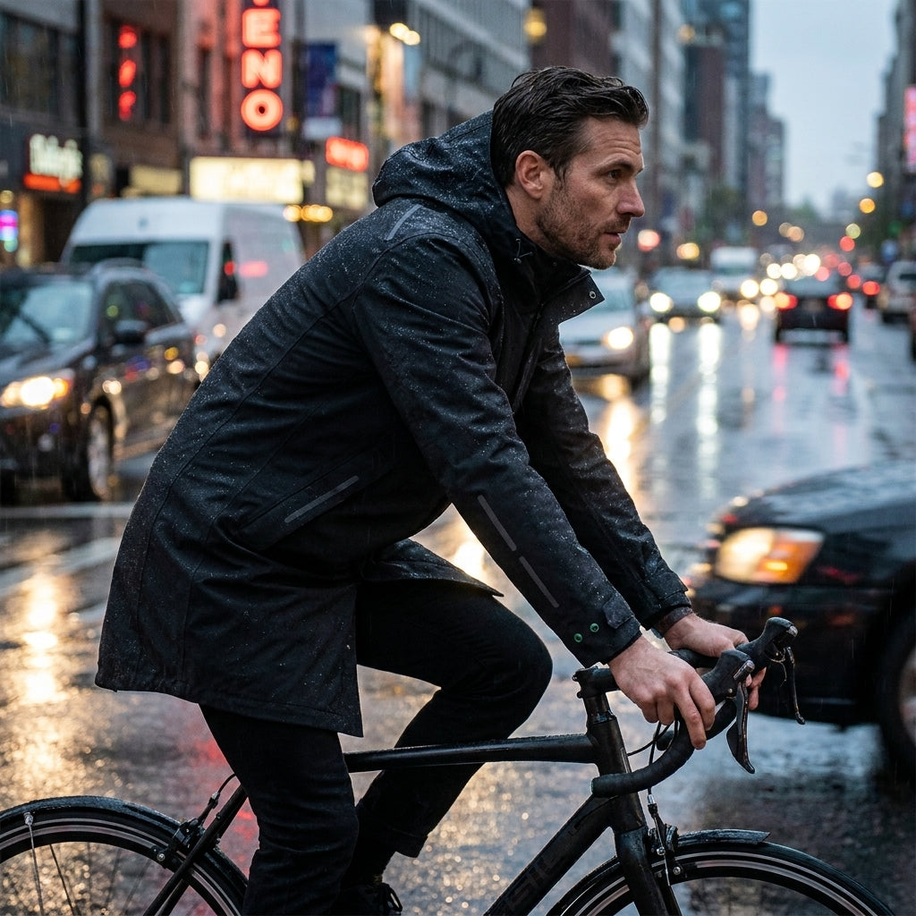 Basil Regenparka Mosse Men Jet Black XXL. Radfahrer im Regen auf nasser Straße in der Stadt.