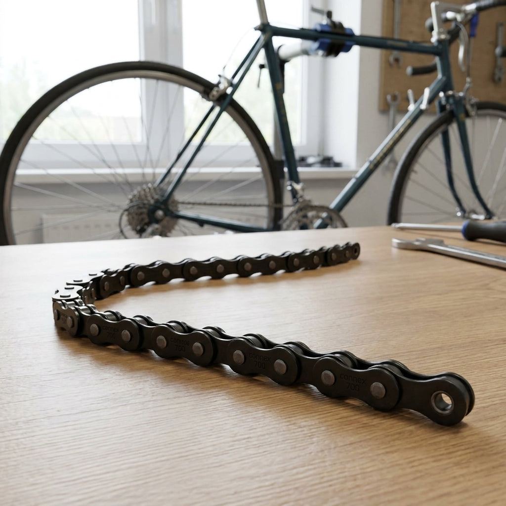 Connex Kette 700 1-fach Stahl, schwarz, auf Holztisch vor Fahrrad.
