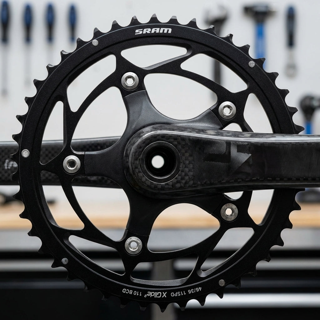Schwarzes Sram X-Glide Rennrad-Kettenblatt 46/36 Zähne auf Carbon-Kurbel.