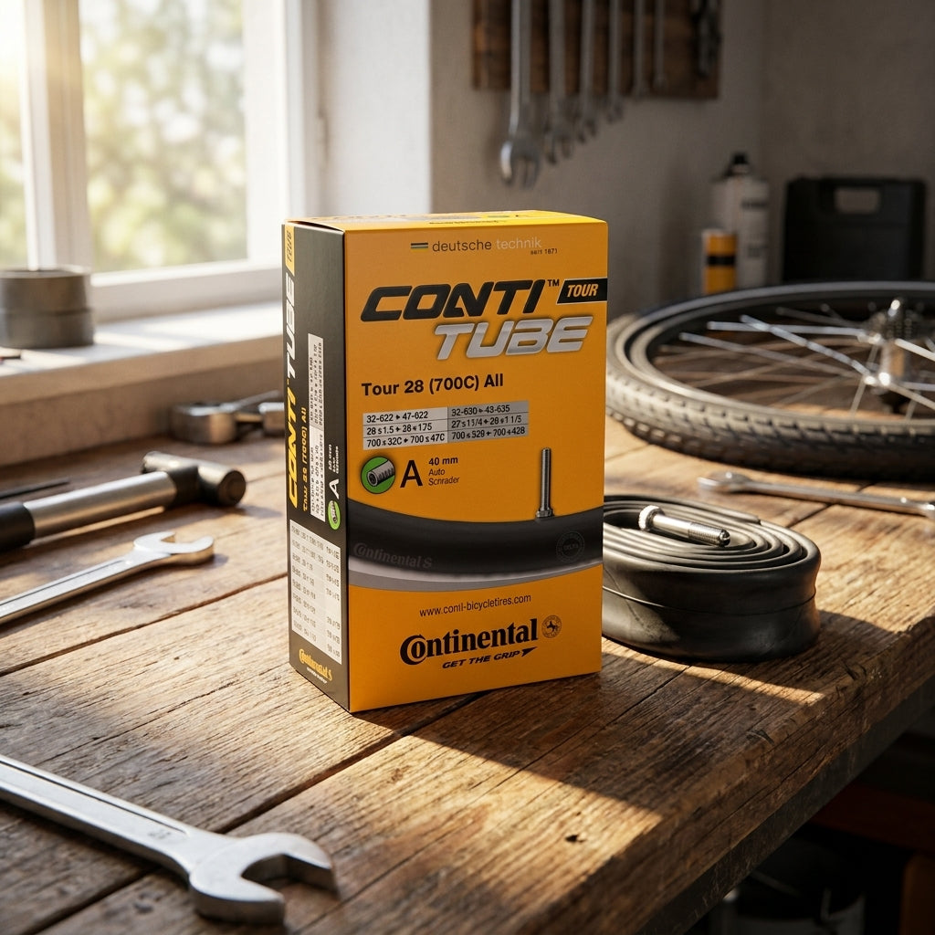 Continental Fahrradschlauch Tour 28" AV 40 mm für 32-47 mm Reifen auf Werkbank mit Fahrradrad.