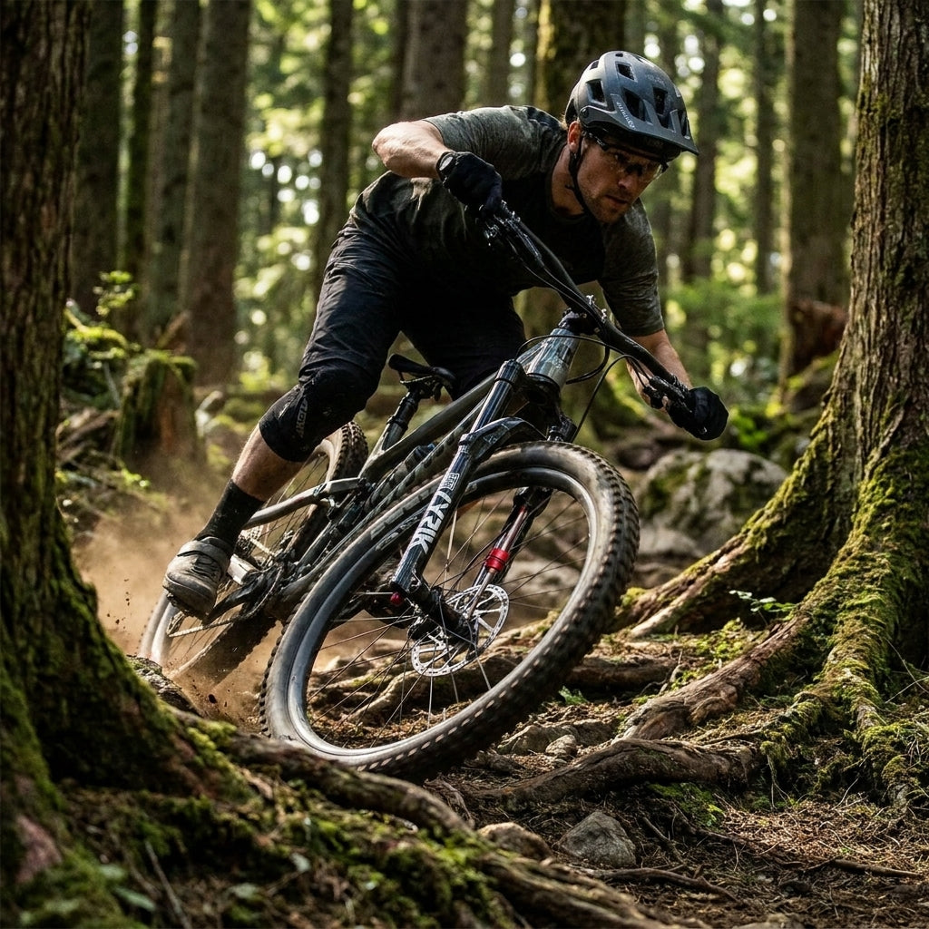 Mountainbiker in Kurve auf Waldtrail, Staub aufwirbelnd, mit RockShox DebonAir Federgabel für optimale Performance.