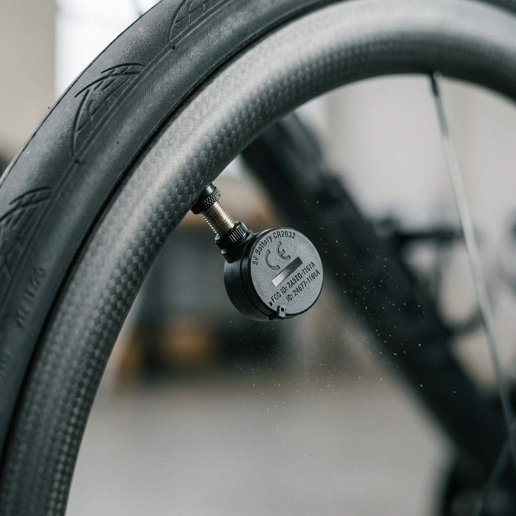 AIRSPY Reifendrucksensor an einem Fahrradventil auf einer Carbonfelge.