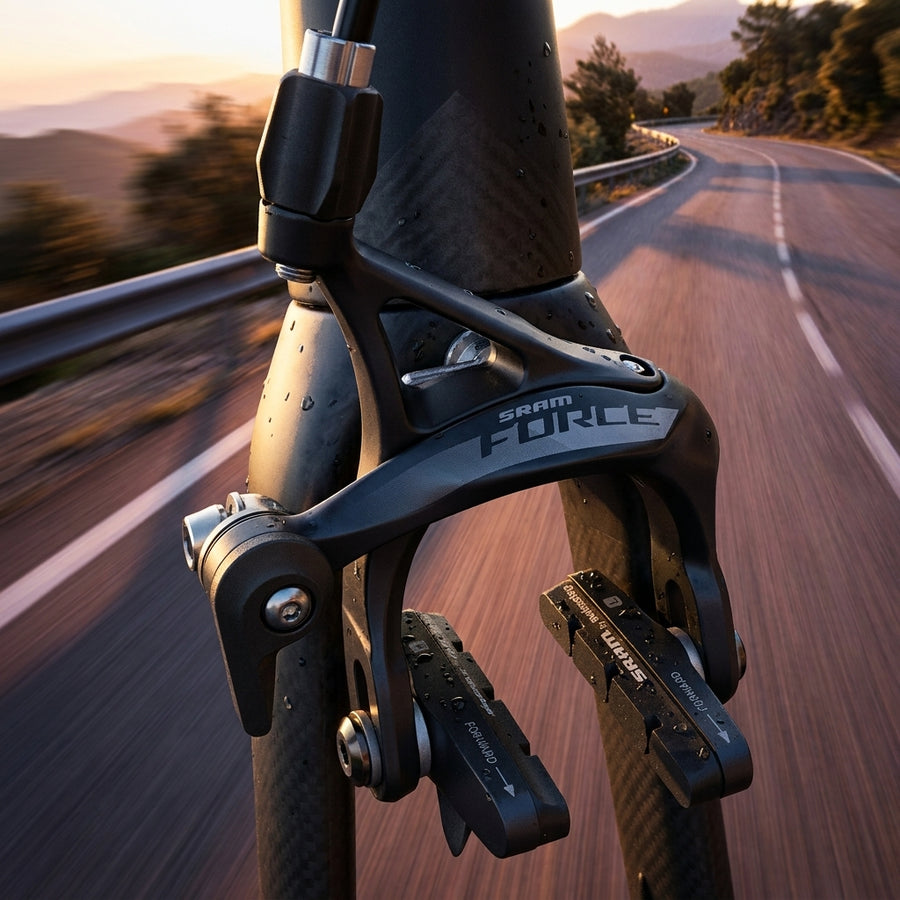 SRAM Force AXS Vorderbremse mit SwissStop Belägen am Rennrad auf kurviger Straße bei Sonnenuntergang.