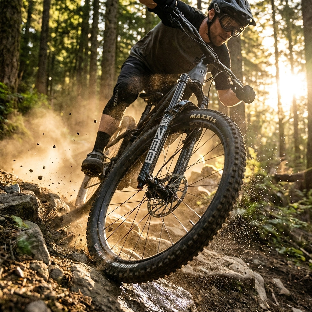 RockShox ZEB Federgabel an schwarzem E-MTB im Einsatz auf staubigem Waldtrail.
