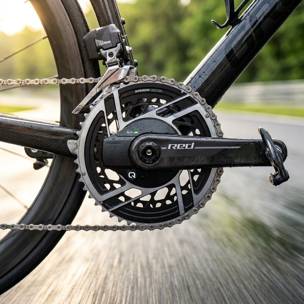 SRAM Quarq RED E1 Kurbelgarnitur mit präzisem Leistungsmesser am Rennrad, nass.